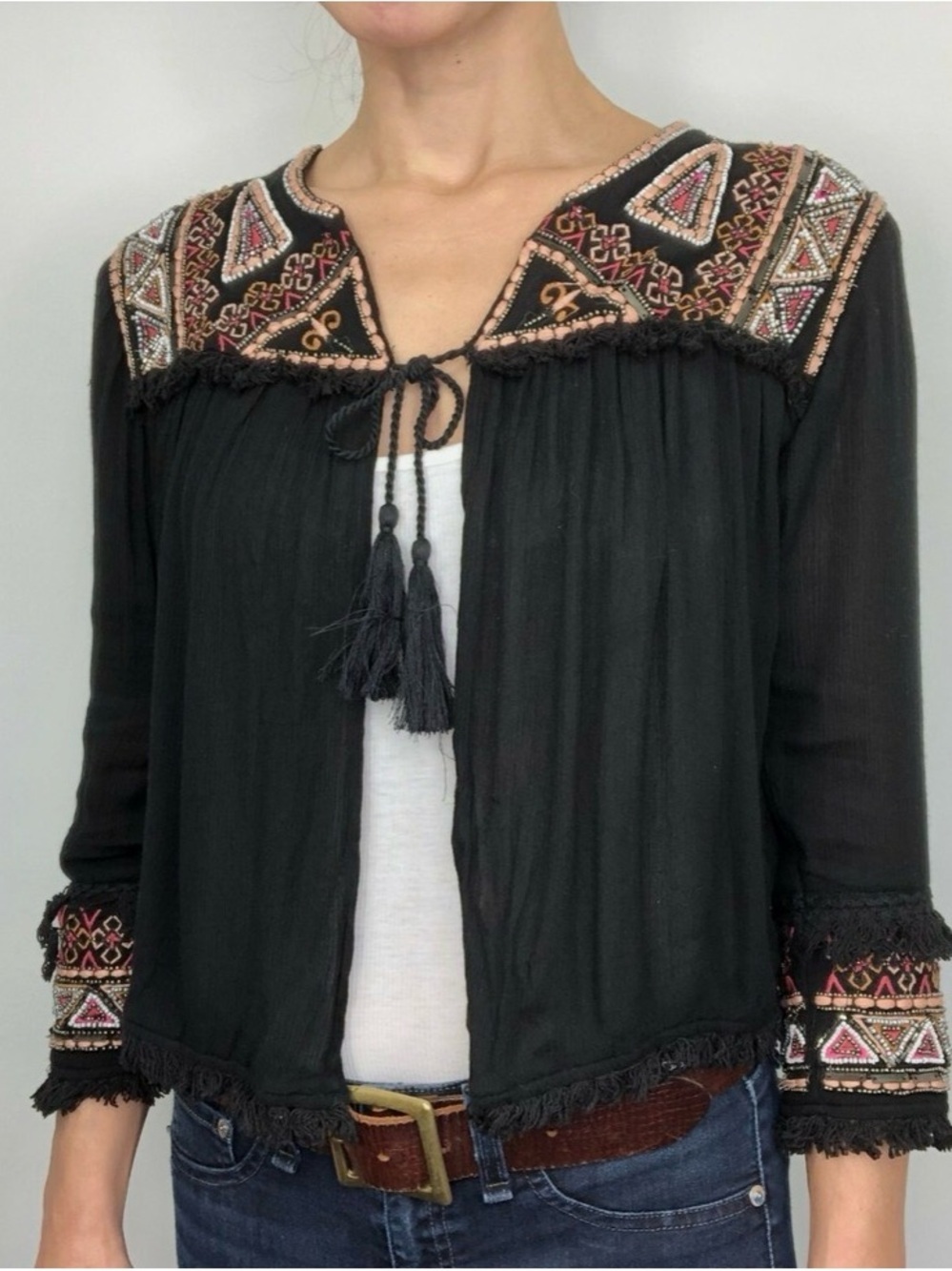 Primadiva Black Beaded Embroidered Tassel Tie Open Front 3/4 Sleeve Crop Shrug